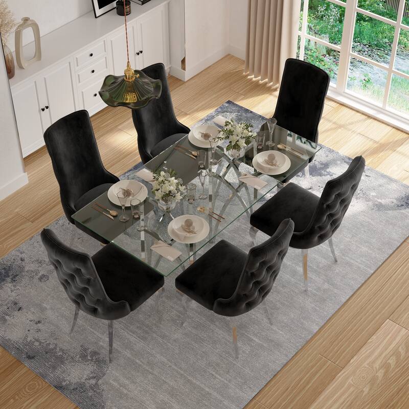 Luxurious Clear Tempered Glass Dining Table Set with Heavy Duty Dining Chairs