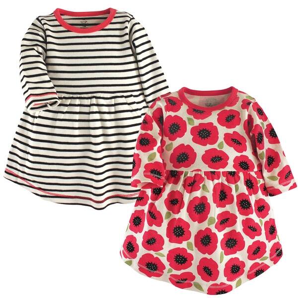 slide 2 of 2, Touched by Nature Baby and Toddler Girl Organic Cotton Long-Sleeve Dresses 2pk, Poppy 3T - Baby Toddler Poppy Long Sleeve