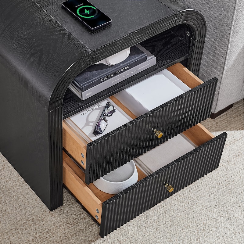 Modern Fluted Nightstand with Charging Station, Arched End Table