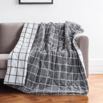 HomeRoots 50" X 60" Gray and White Velvet Quilted Plaid Plush Throw Blanket
