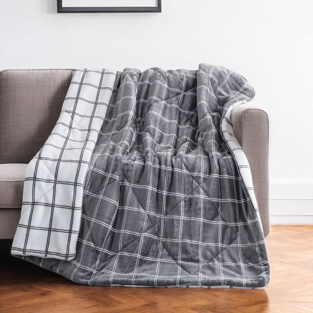 HomeRoots 50" X 60" Gray and White Velvet Quilted Plaid Plush Throw Blanket
