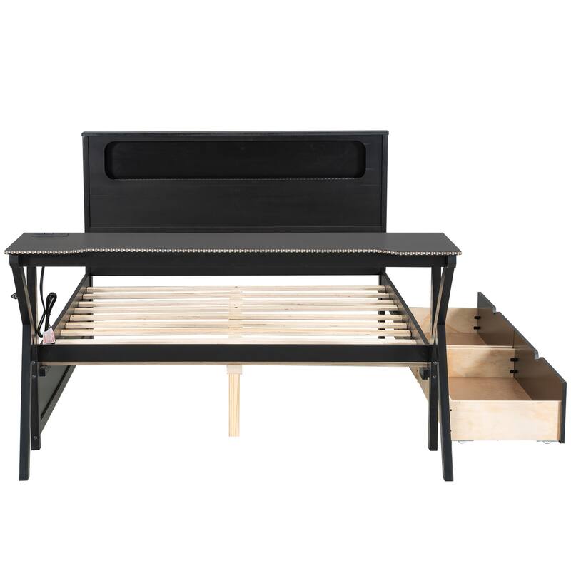 Roomfitters Twin/Full Wooden Gaming Platform Bed with LED Headboard, Desk and Drawers, Black