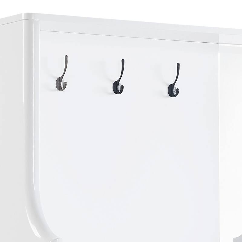 Contemporary White High Gloss Finish Hall Tree with 3 Hooks, Mirror, and Cushioned Seat - Entryway Organizer