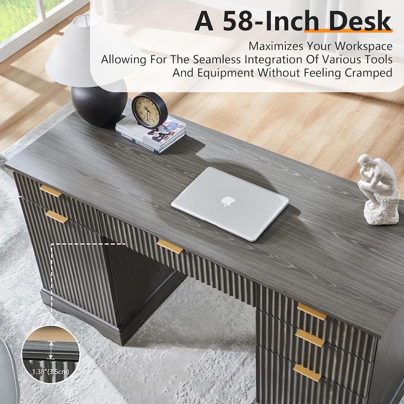 58" Modern Executive Desk with Storage, Wood Home Office Desk