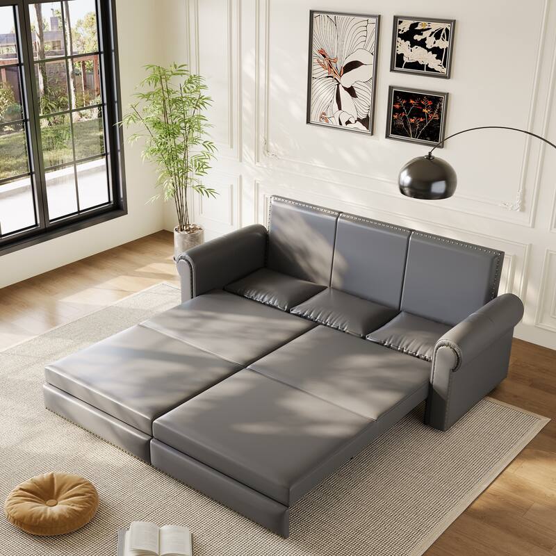 Chesterfield Sofa, 93.7" Faux Leather Convertible Sleeper Sofa Bed, Vintage 3-in-1 Pull Out Couch w/ Nailhead Trim & Rolled Arms