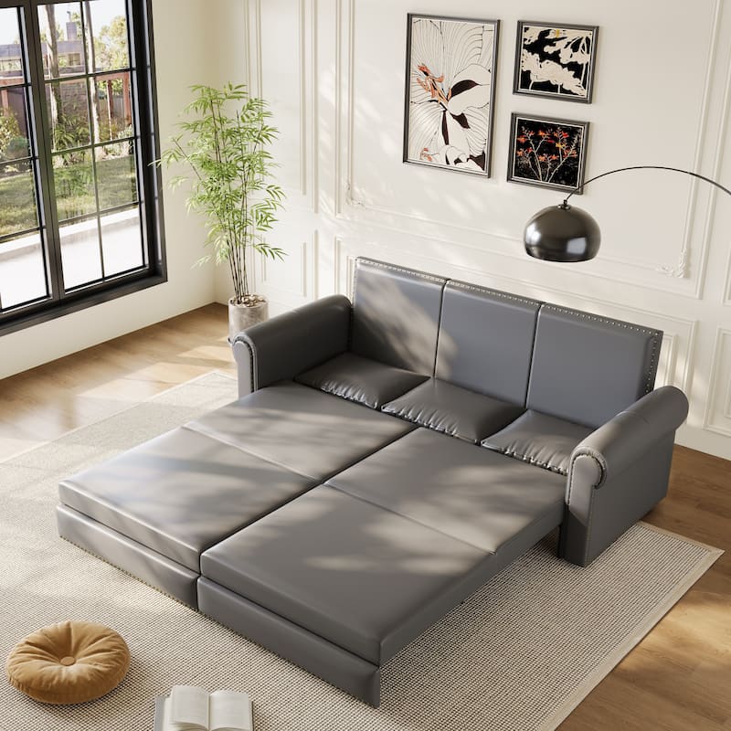 King Pull Out Sofa Bed, 3-in-1 Convertible Leather Sleeper Sofa, Chaise Lounge Daybed with Nailhead Trim & Rolled Arm