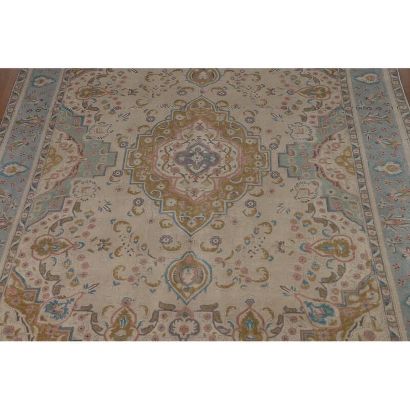 Hand Knotted Oriental 100% Wool Carpet Traditional Floral Beige & Ivories Tabriz Area Rug - 11' 6'' X 9' 7''