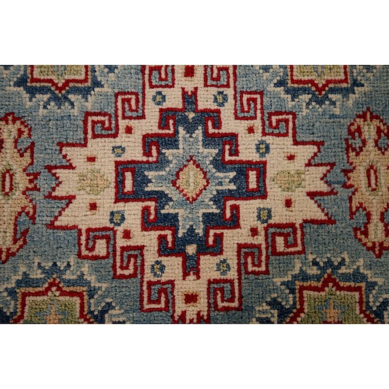 Light Blue Kazak Runner Rug Handmade Geometric Wool Carpet - 2'9" x 16'2"
