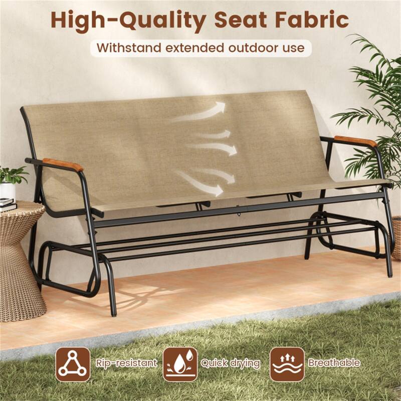 Gliding Outdoor Loveseat with Teak Wood Armrests Breathable Fabric Patio Bench for Porch Backyard and Poolside