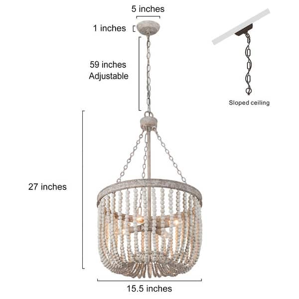 Modern Wood Beaded Chandelier Handmade LED Drum Basket Ceiling Light 4-light Dining Room Lights - Grey - D15.5" X H87"