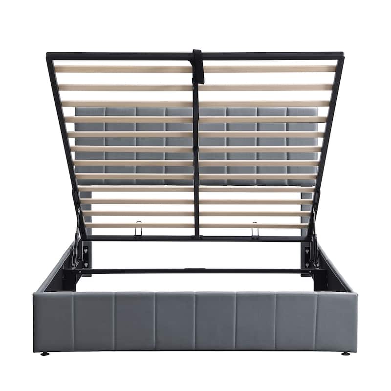 Linen Upholstered Bed Low Profile Platform Bed Storage Bedframe with Hydraulic Storage System, Headboard and Slats Support