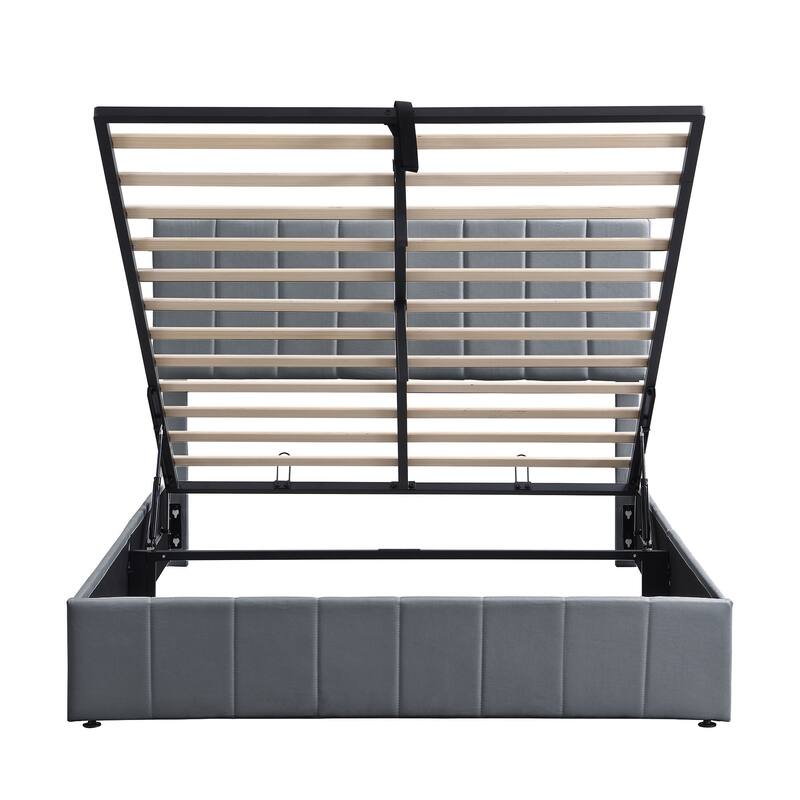 Full / Queen Sturdy Platform Bed with Hydraulic Lift Storage and Linen Headboard