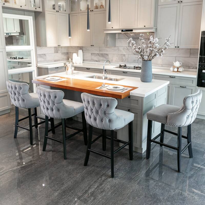 Velvet Upholstered Wing-Back Barstools Set of 4