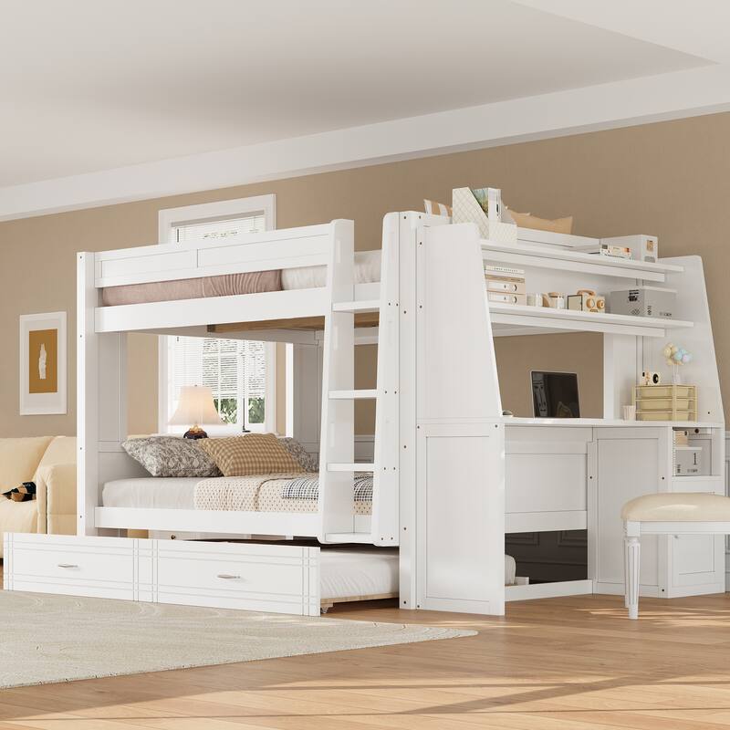 Roomfitters Full Over Full Bunk Bed with Built-In Desk, Bookshelves and Trundle - White - Full