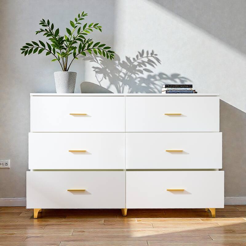 White Modern 6-Drawer Dresser with Gold Handles and Triangle Legs, Minimalist Storage Cabinet for Bedroom or Living Room