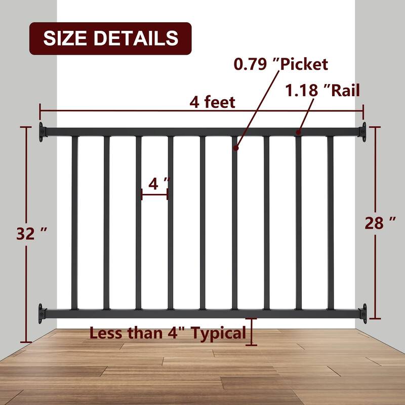 28 in. H x 4 ft W Black Metal Stair Railing Kit with Balusters for Residential and Commercial Use