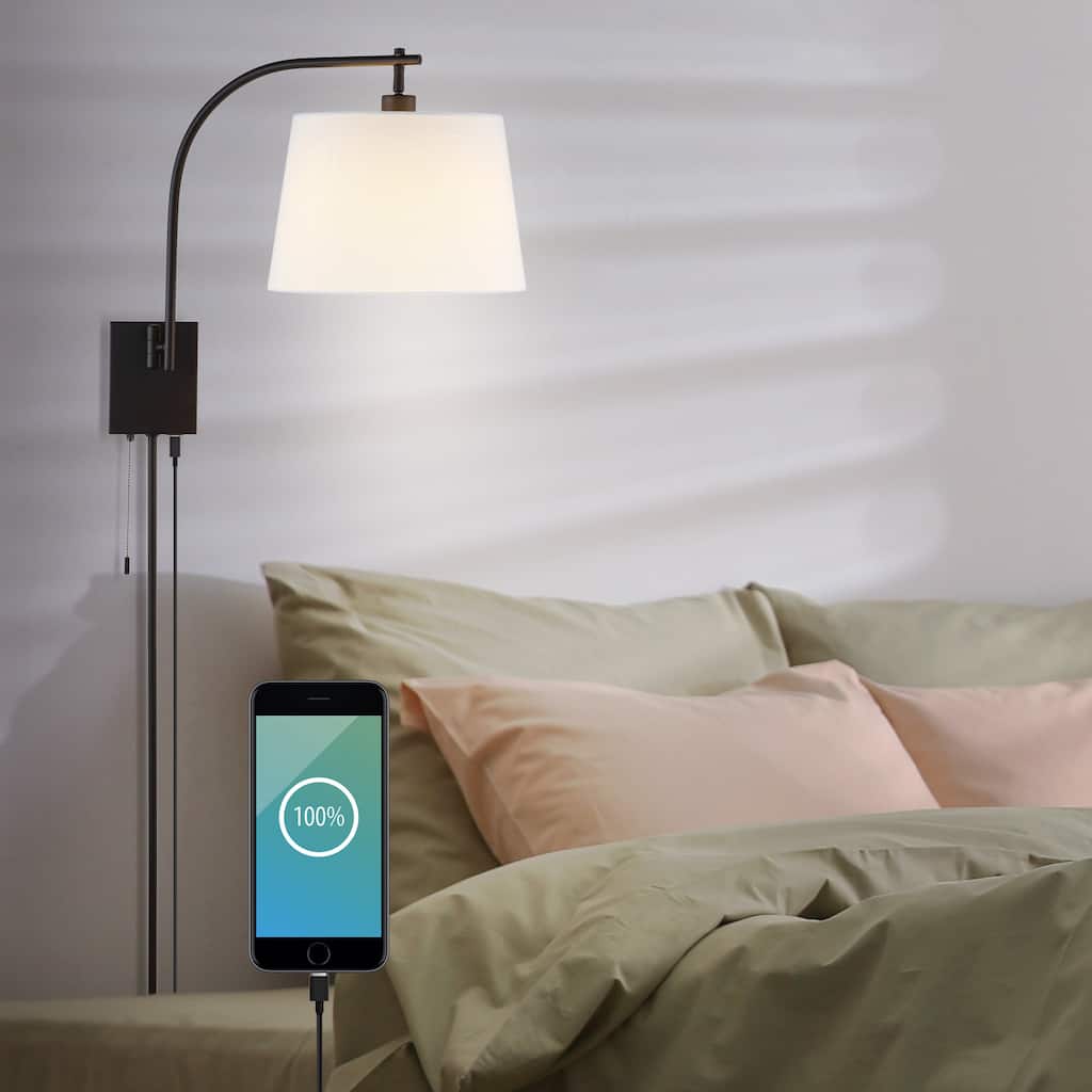 David 22.5" 1-Light Plug-In or Hardwired LED Gooseneck Swing Arm Wall Sconce with Pull-Chain and USB Charging Port by JONATHAN Y