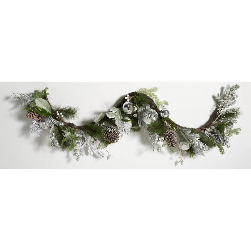 SAFAVIEH Faux 28 Inch Snowy Pine Led Garland W/ Ornaments - Silver/Green - 12" W x 6" D x 72" H