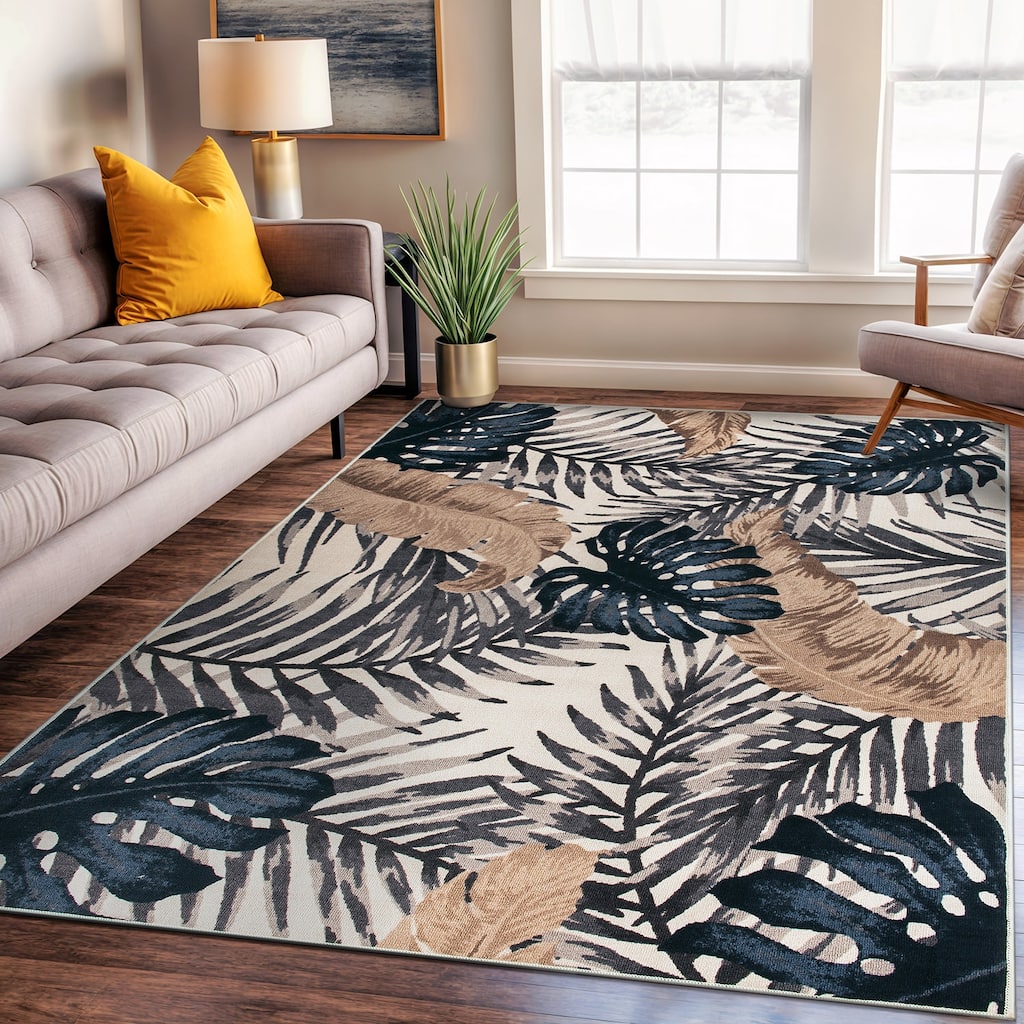 Contemporary Tropical Floral Leaves Non Slip Area Rug