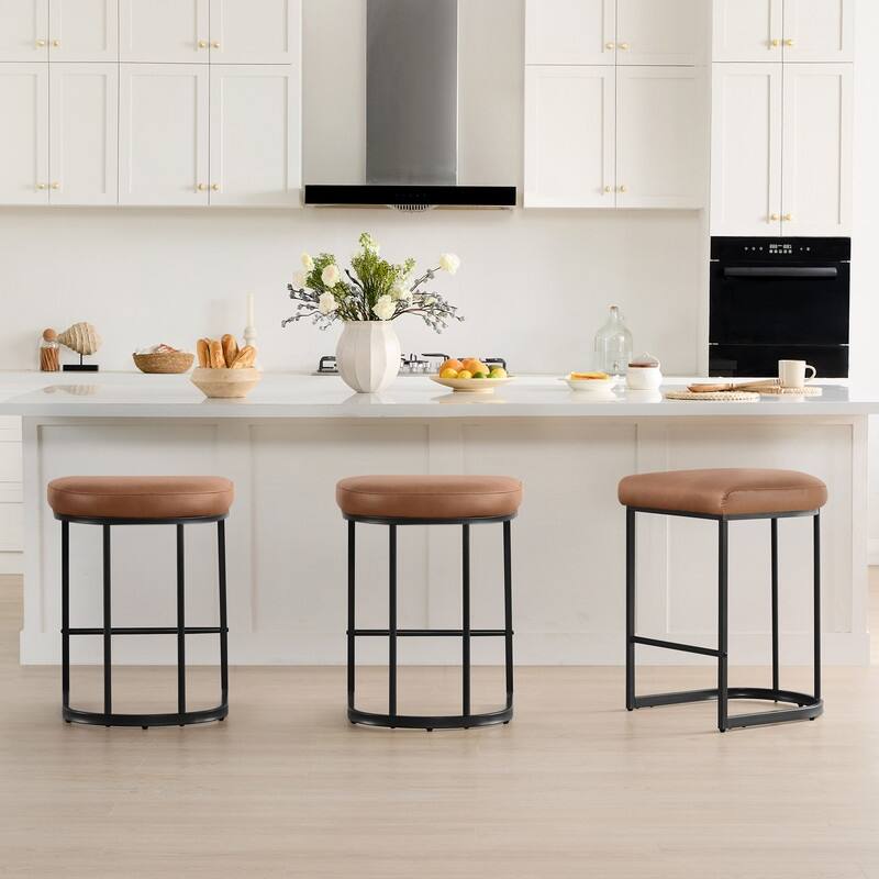 Spruce & Spring Modern Curved Upholstered Bar Stool with Metal Frame - Set of 3 - Brown