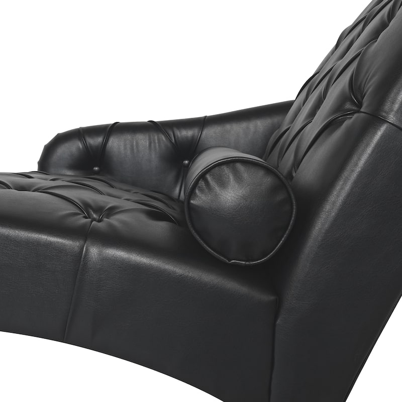 Faux Leather Chaise Lounge Chair with Pillow and Solid Wood Legs, Tufted Upholstered Accent Lounge Chair with Arm