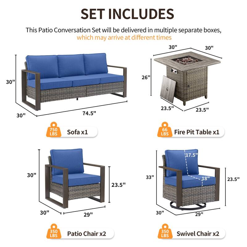 Pocassy 4/6/8PCS Sofa Swivel Chair with Fire Pit Table Set