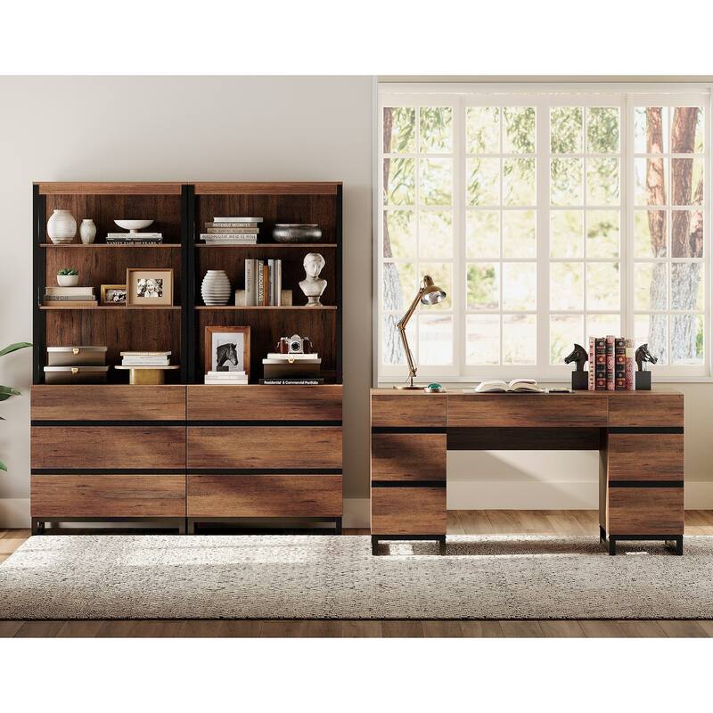 59In Modern Executive Desk With Charging Station & Drawers And 2 PCS 72In Tall BookcasesFor Living Room, Bedroom