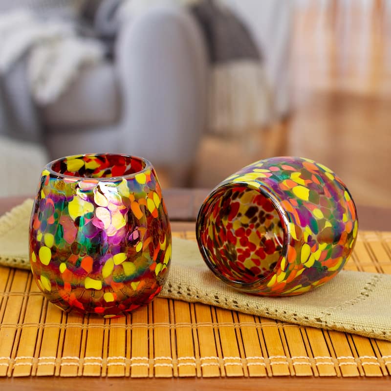 NOVICA Artisan Handblown Recycled Stemless Wine Glasses Colorful Mexican Multicolor Drinkware 'Bright Confetti' (Pair)