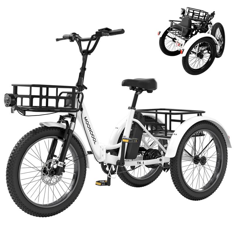 DoCred Electric Folding Tricycle for Adult with Front and Rear Baskets - White