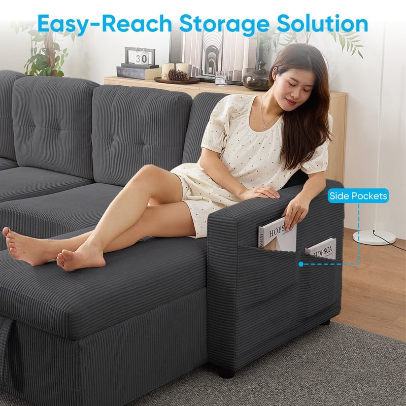 W103" Corduroy 4-Seater Modular Sleeper Sofa Bed with Storage Chaise,U-shaped Sofa with Pull-out Bed