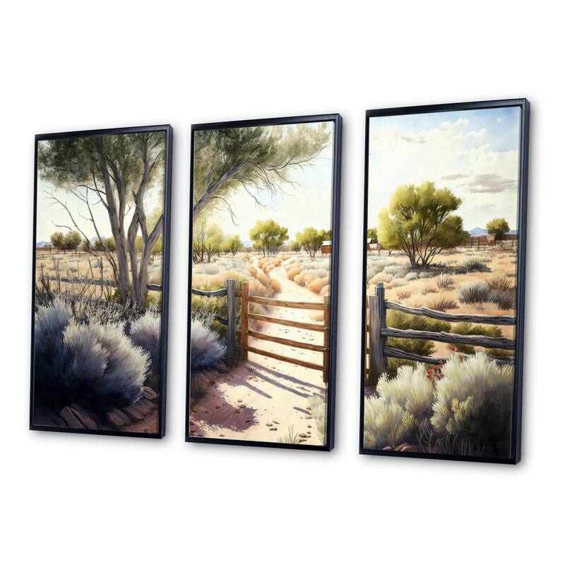 Designart "View Of The Pasture IV" Farmhouse / Country Framed Canvas Art Print - 3 Panels