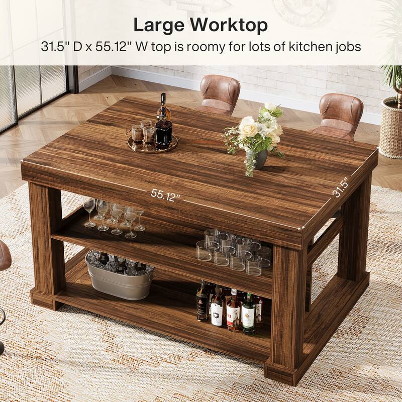 55 Inch Bar Table with Storage Shelves, Counter Height Pub Table, High Top Table for Home Bar, Bistro, Dining Room, Living Room