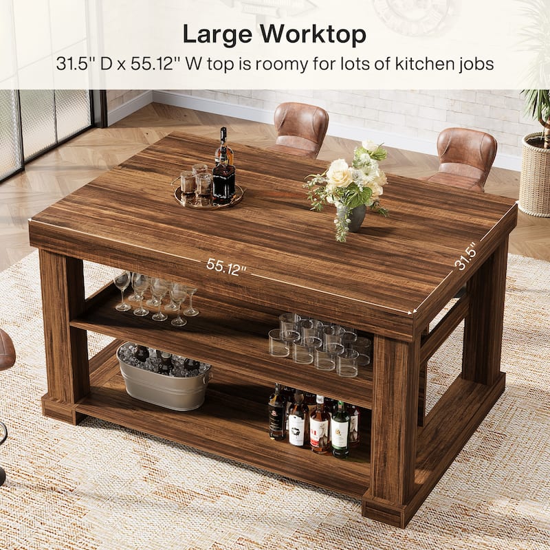 55-Inch Large Home Bar Unit, 3-Tier Pub Table with Storage Shelves - N/A