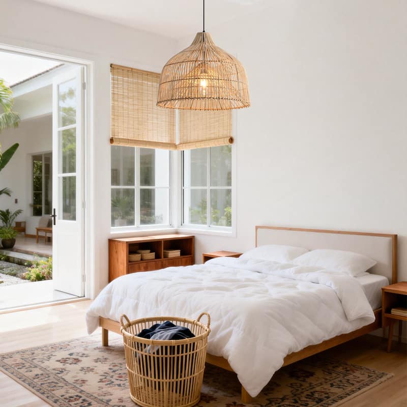 1-Light Boho Brown Rattan Hand-Woven Cloche Hanging Basket Pendant Light - 19.6" W x 62.9" H