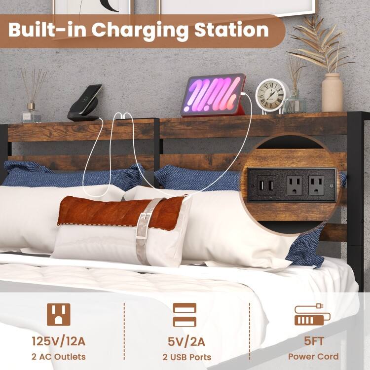 Bed Frame with Charging Station and Storage Headboard