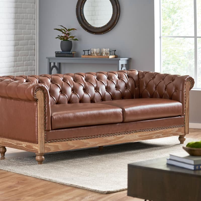 Castalia Nailhead Trim Chesterfield Sofa by Christopher Knight Home - 78.75" L x 33.50" W x 28.00" H - Faux Leather + Cognac Brown, Natural