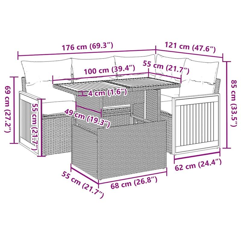 vidaXL Patio Sofa Set with Cushions Outdoor Furniture 5 Piece Poly Rattan
