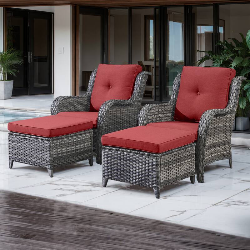 Pocassy Outdoor Patio Chairs with Ottomans Set of 4 - Grey/Red