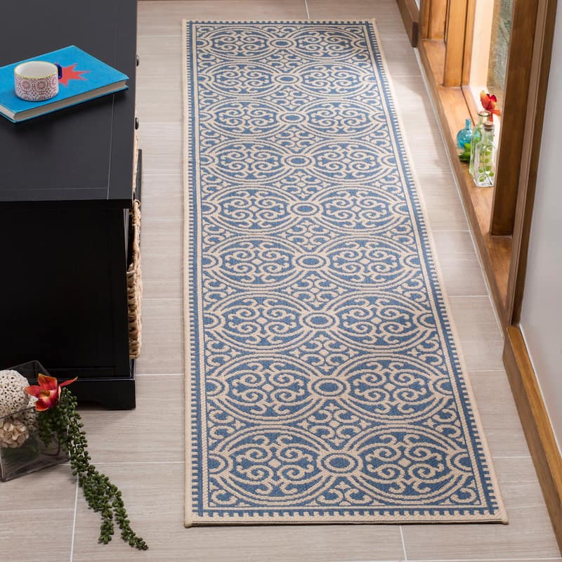 SAFAVIEH Linden Marylee Indoor/ Outdoor Waterproof Patio Backyard Rug - 2'2" x 8' Runner - Cream/Blue