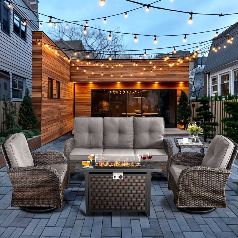 Pocassy Outdoor Fire Pit Conversation Sofa Set - Brwon Wicker Grey Cushion - 5PCS Fire Table w/ Sofa Swivel Chair