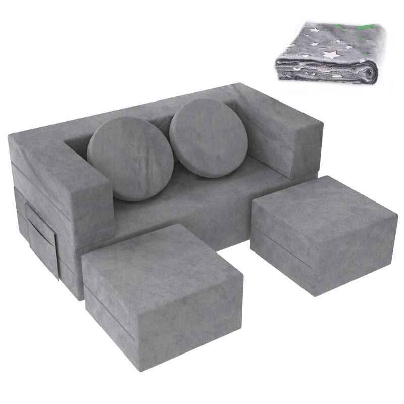 Kids Couch, 6PCS Toddler Couch with Blanket for Bedroom Playroom, Multifunctional Nugget Couch Kids Play Couch Sofa - Grey