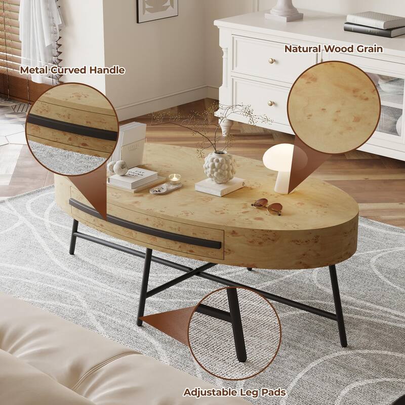 Oval Coffee Table with Drawer, 47.2" Mid-Century Modern Center Table, Wooden Coffee