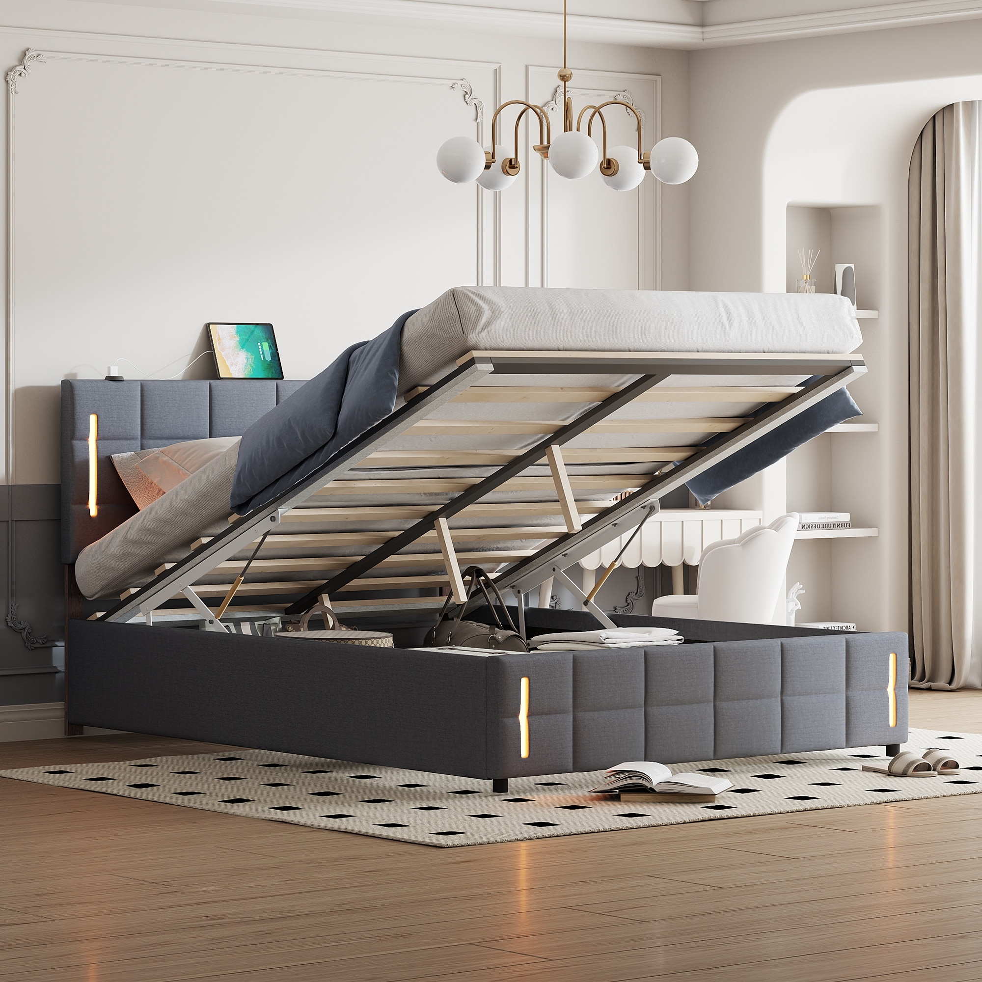 Bed Frame Storage Platform Bed with Smarter LED Light-Queen, Grey