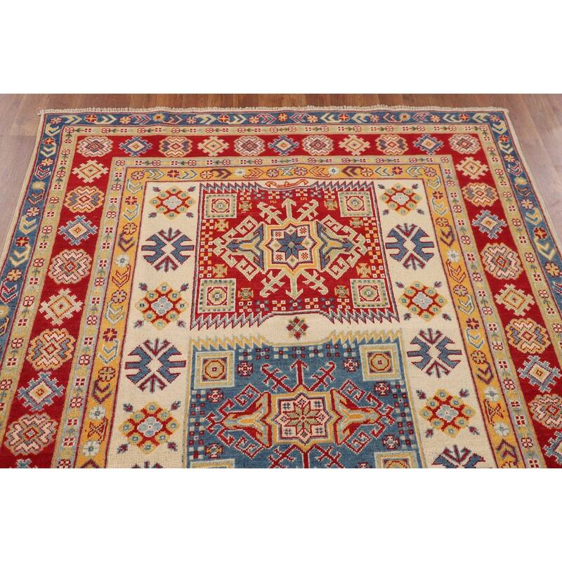 Geometric Kazak Oriental Area Rug Hand-Knotted Grey Wool Carpet - 4'10" x 6'5"