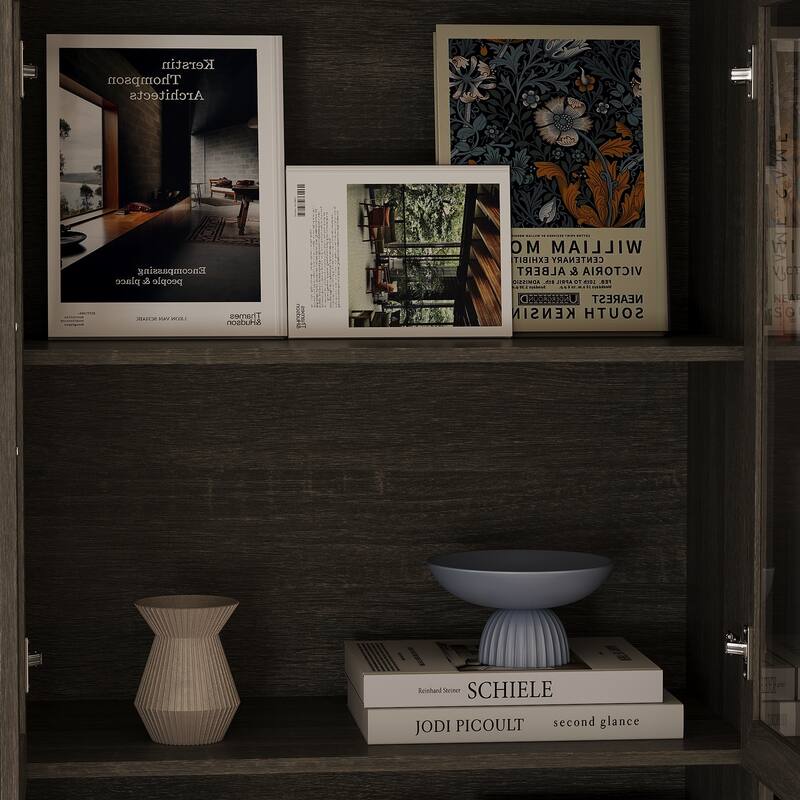Modular Glass Door Bookcase Wall Unit with Storage Cabinets and Drawers, Dark Oak Display Hutch for Living Room or Home Office