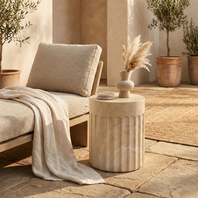 Zenvio Modern Cylindical Marble Side Table with Accent Painted Finish and Vertical Grooves for Living Room, Bedroom or Patio