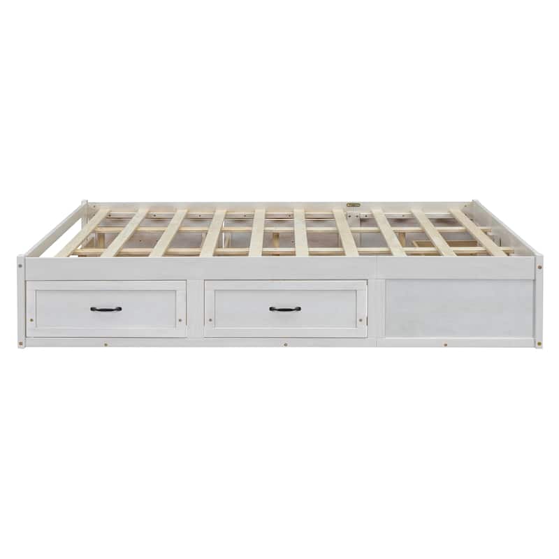 Queen Size Platform Bed Frame with 6 Built-In Storage Drawers, No Headboard, Low Profile Design in Antique