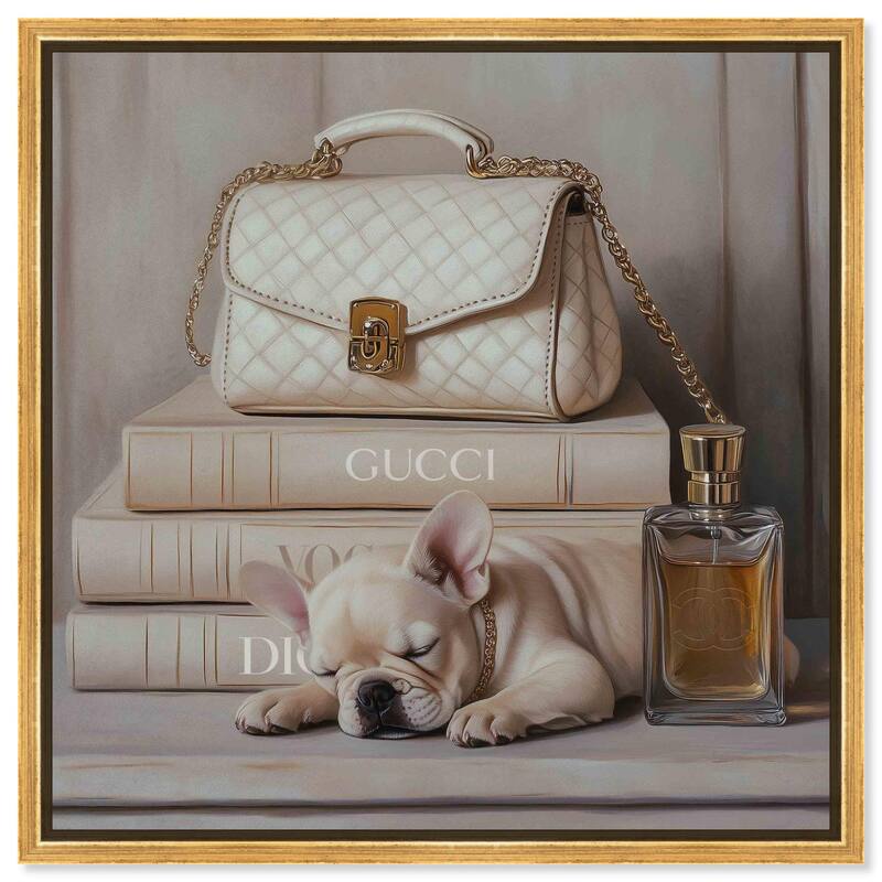 Ivory Books and Frenchie Canvas by Art Remedy - Gold - 40" x 40"