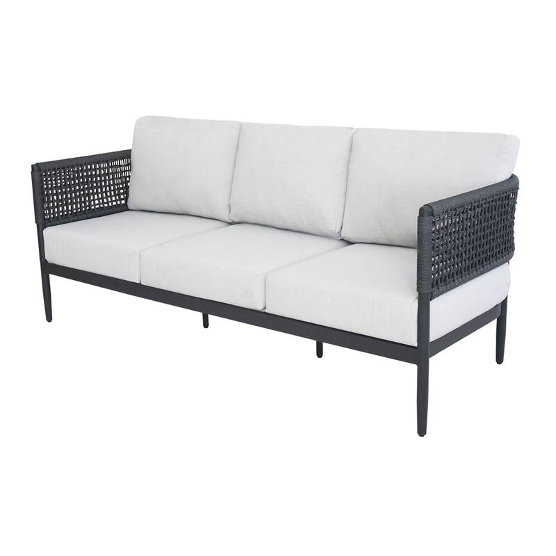 Outdoor 3 Piece Woven Abaca Rope Patio Furniture Set Including the Sofa, Coffee Table, and Swivel Rocking Chair