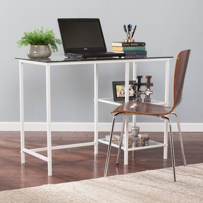 Modern Simple Style Office Desk,Metal/Glass Student Desk - White,Writing Desk